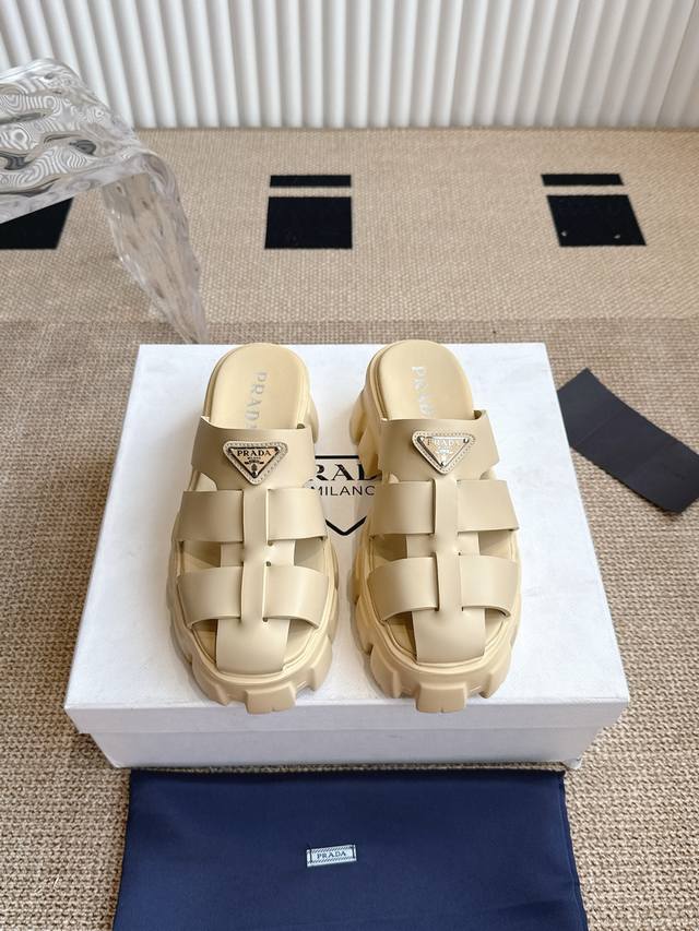 Pada Prada-Inspired Woven Open-Toe Sawtooth Thick-Soled Roman Sandals Triangle B