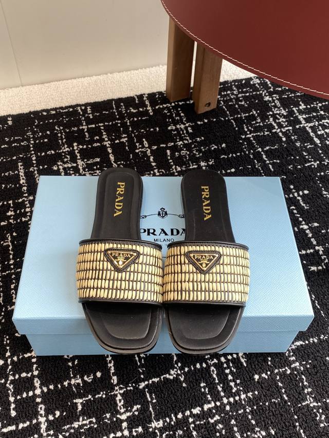 Premium-Grade Prada 25Ss New Spring/Summer Prada Woven Slippers Modern Lines And