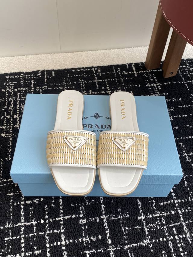 Premium Grade Prada 25Ss New Spring/Summer Prada Woven Slippers Modern Lines And