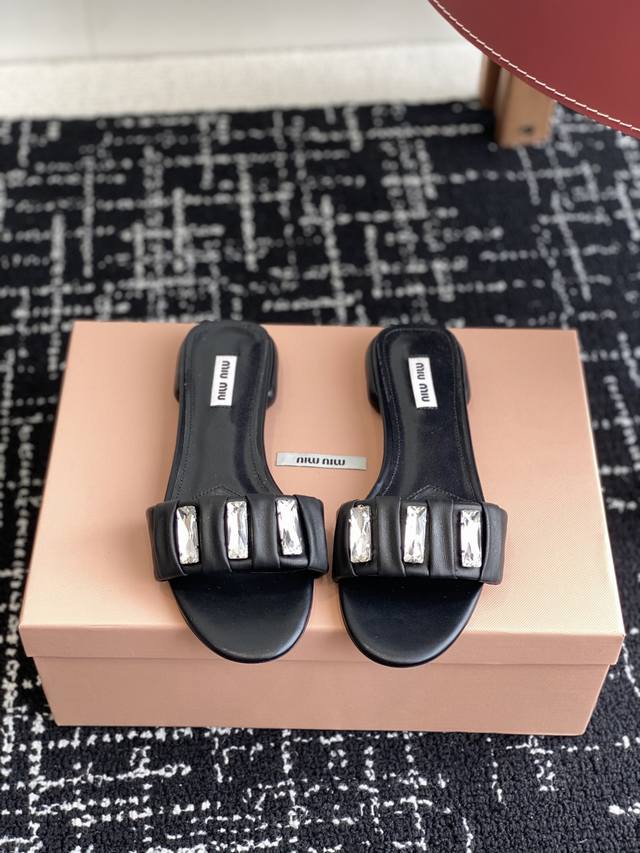 Authentic Replica Miu'miu 25Ss Spring/Summer Square Diamond Buckle Slippers Gold