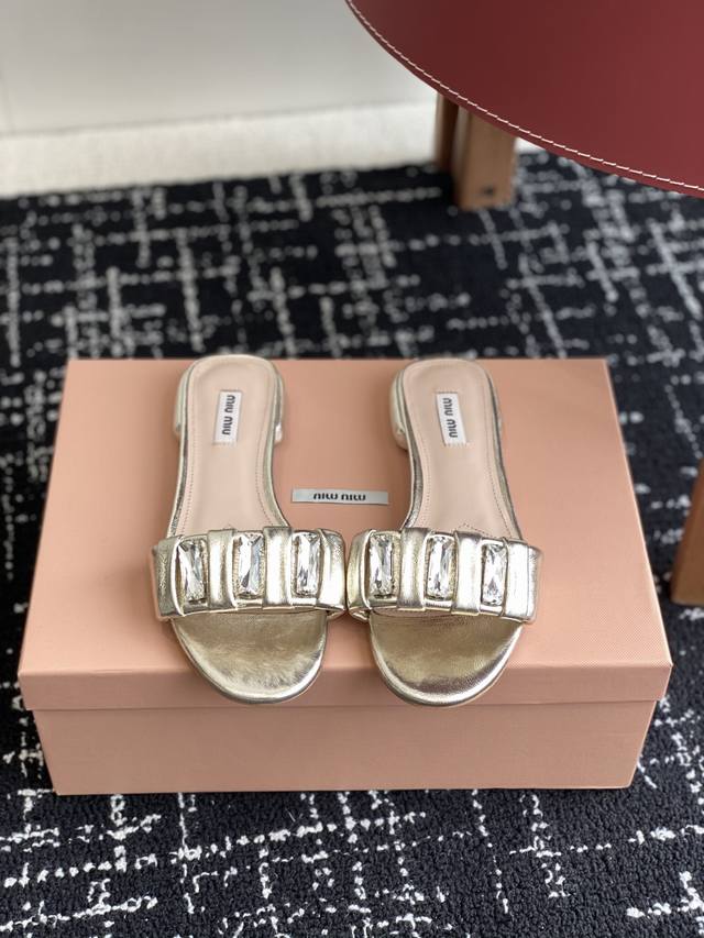 Authentic Replica Miu'miu 25Ss Spring/Summer Square Diamond Buckle Sandals Gold