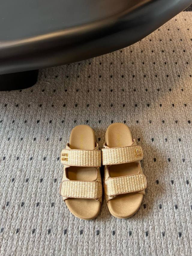Miu Mi* 25 Two-Strap Raffia-Woven Sandals Miumi* Spring/Summer New Flat Lambskin