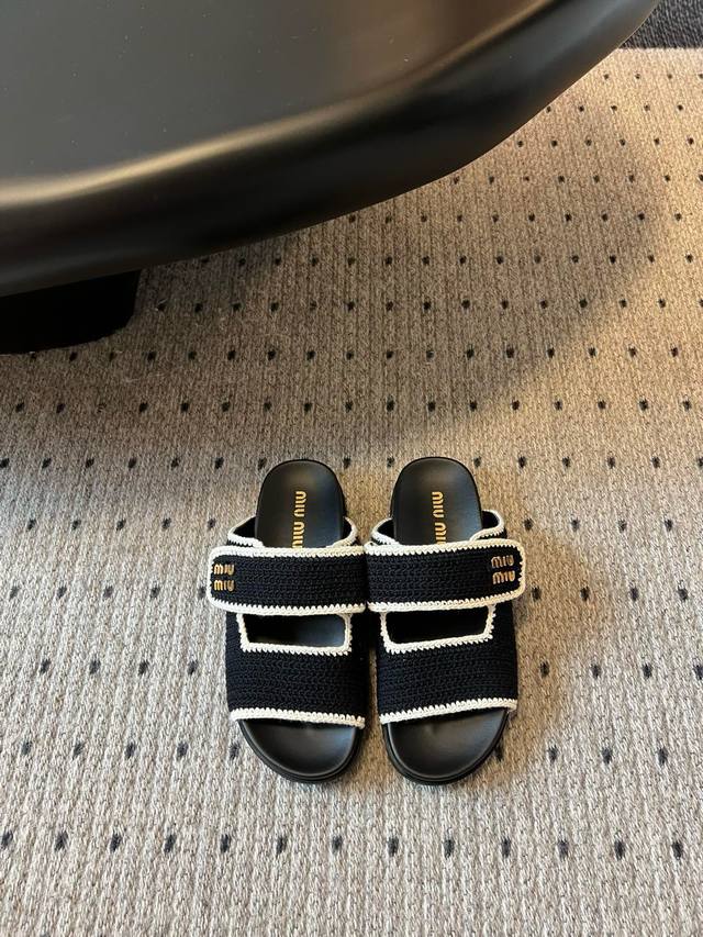 Miu Mi* 25 Two-Strap Raffia-Woven Sandals Miumi* Spring/Summer New Flat Lambskin