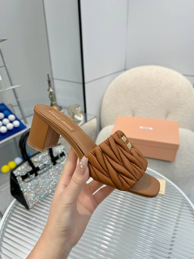 High-Heeled Miumiu Ss25 New Arrival~ Miu 2025 Summer Genuine Leather Sole Slippe