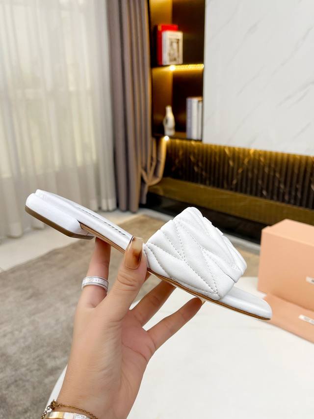 Factory Direct Miu Ss25 New Arrival~ Miu Summer Genuine Leather Sole Slippers -