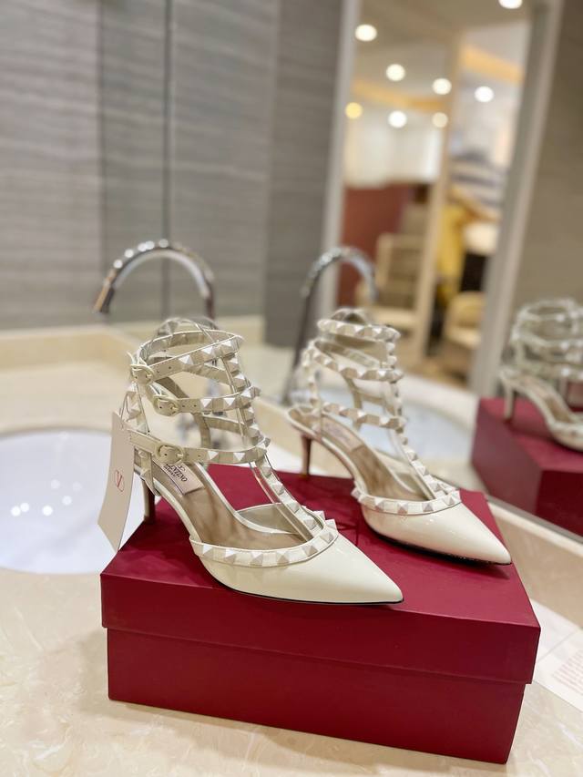 P: Valentino Same-Color Studded Lace-Up High Heels In The Latest Color. Since Th