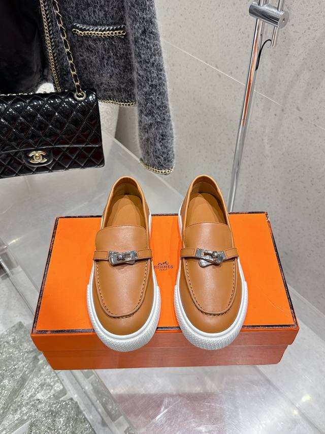 Premium Grade Couple Set Men's Size 10 Hermes Kelly Buckle Thick-Soled Loafer Ca