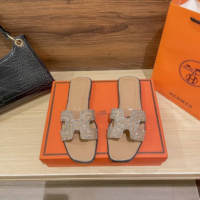 Factory: Hermes Summer Classic Water Diamond H-Strap Flat Sandals Travel Vacatio