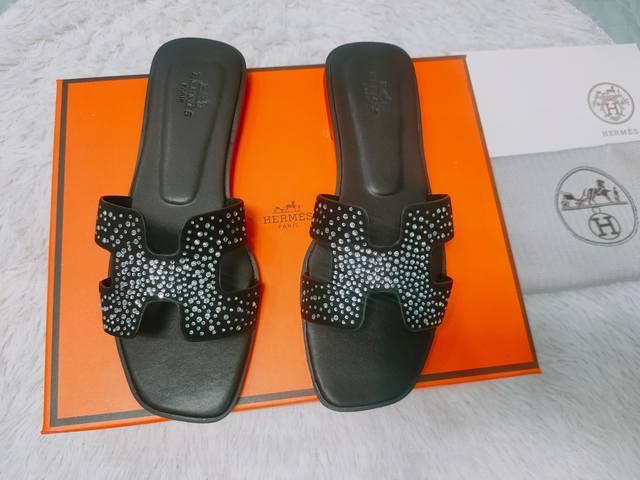 Factory: Hermes Summer Classic Flat H-Strap Sandals With Rhinestones Travel Vaca