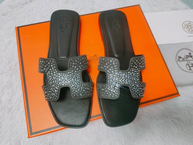 Factory: Hermes Summer Classic Flat H-Strap Sandals With Rhinestones Travel Vaca