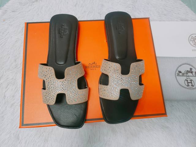 Factory: Hermes Summer Classic Flat H-Strap Sandals With Rhinestones Travel Vaca