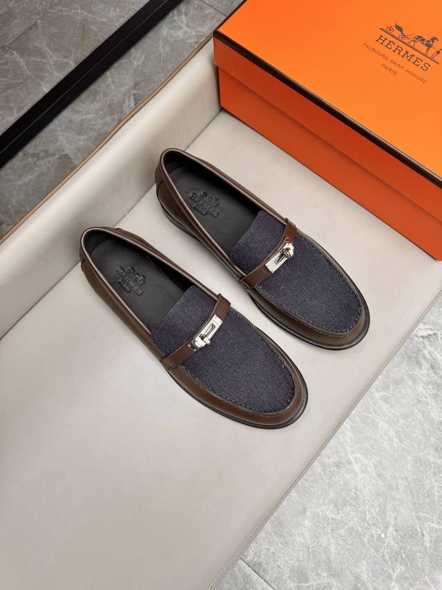 Herm S Mino Small Leather Shoes, Imported Denim And Calfskin Leather Fabric, Wat