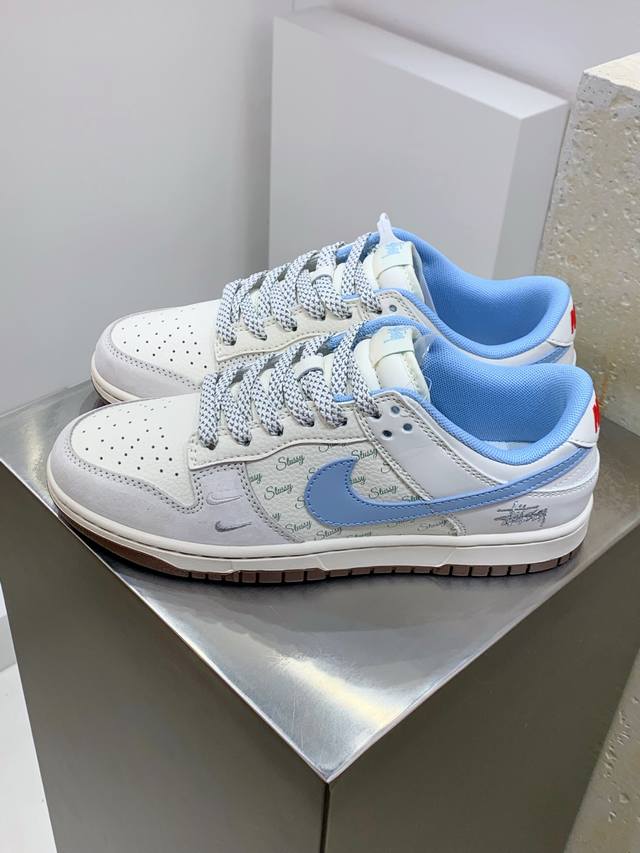 Z#Nike Sb Dunk Low X Stussy White, Gray, And Blue With Double Small Hooks And St