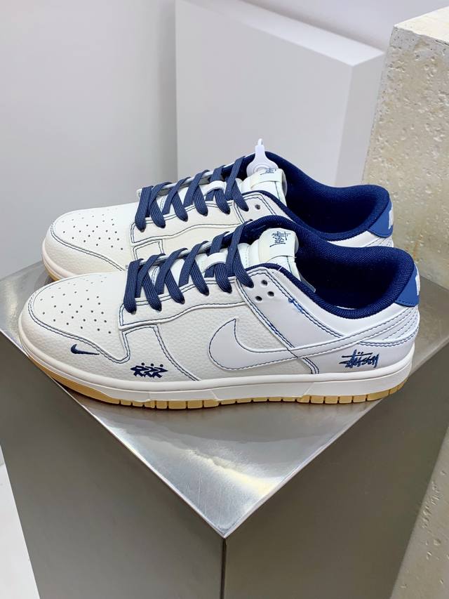Z#Nike Sb Dunk Low X Stussy White Blue Small Hook Authentic Original Factory Pro