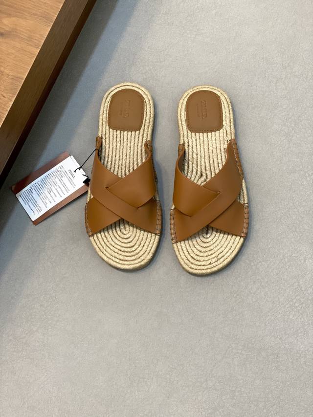Zegna 2025 Antigua Straw-Woven Sandals Genuine Leather Sole Calfskin Suede Straw
