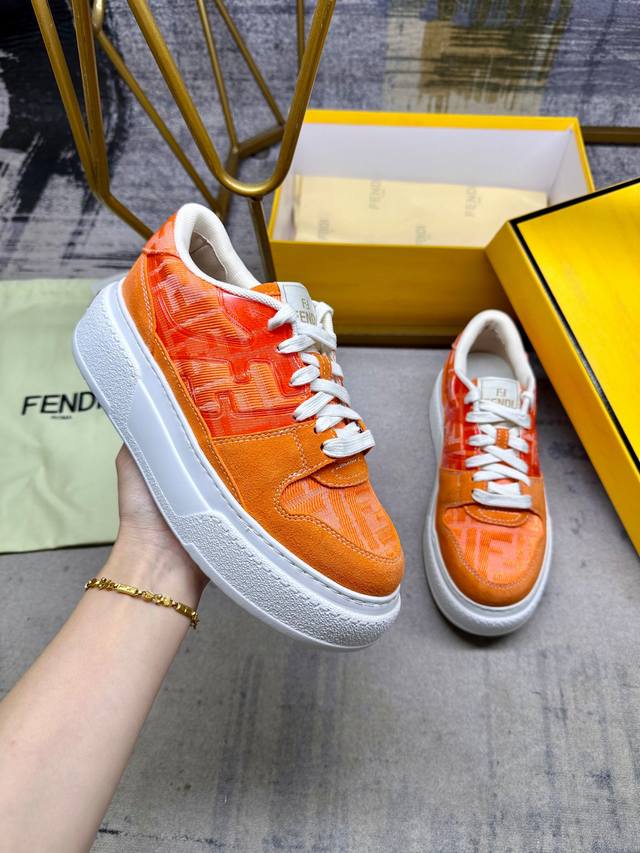 Fendi Match Lace-Up Sneakers, Featuring Orange Ff Jacquard Fabric And Matching S