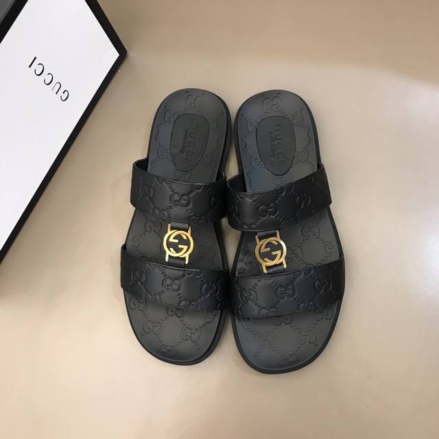 Gucc* High-End Men's Summer Slippers, Upper Made Of Genuine Leather With Brand L