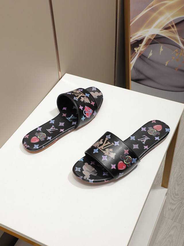 Lv Neue Flache Zehensandalen, 5D-Gedrucktes Jade-Kaninchenmuster, Obermaterial A