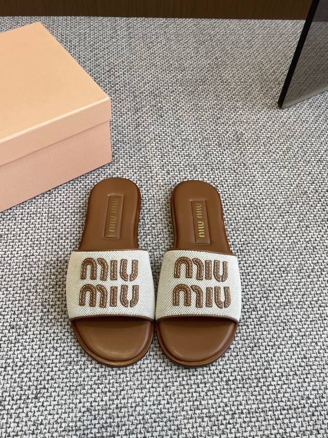 Miu Miu Miu Miu 25Ss Fr Hjahr/Sommer-Neuheit Raffiabast-Geflochtene Lederslipper