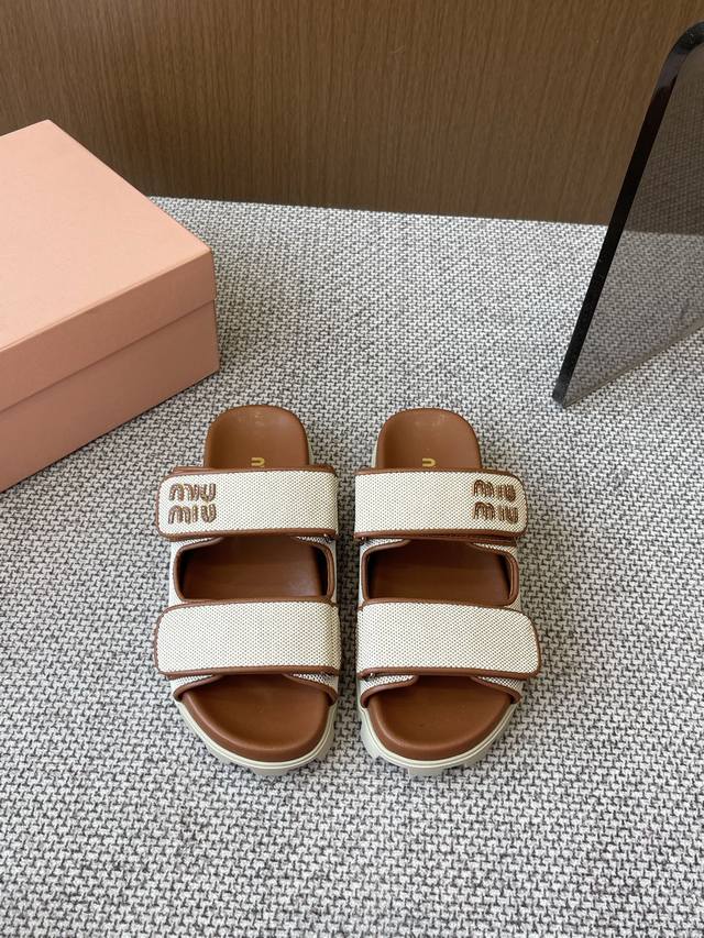 Miumiu Miu Miu 25Ss Fr Hjahrsneuheit Flip-Flops Mit Klettverschluss Neueste Lauf
