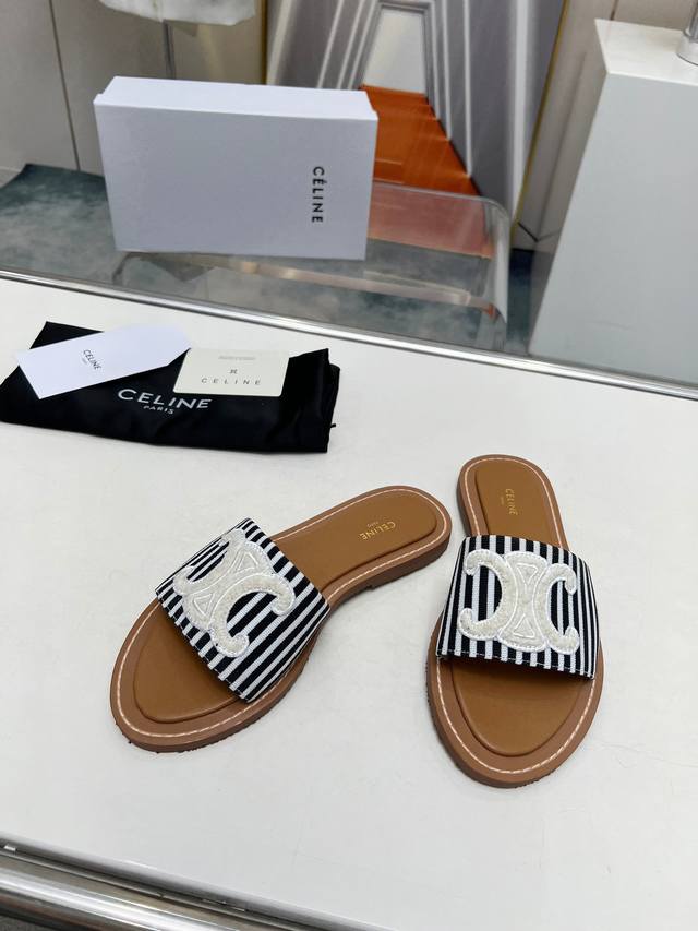 Black And White Stripes Factory Price Celine Paris Slippers! This Season, Celine