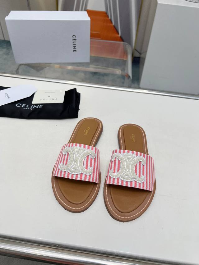 Pink And White Stripes Factory Price Celine Paris Sandals! This Season's Celine