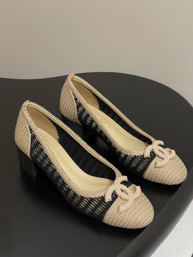 Chanel 25P Most Beautiful Woven Ballet Shoes With Raffia Grass And Double C Buck