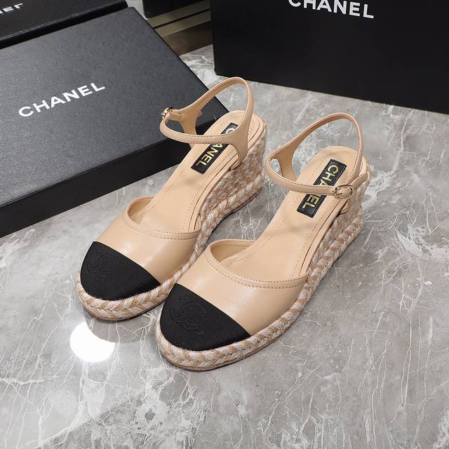 Factory Price Top-Tier Version Chanel-Inspired Hemp Rope Color-Blocked Sole Wedg