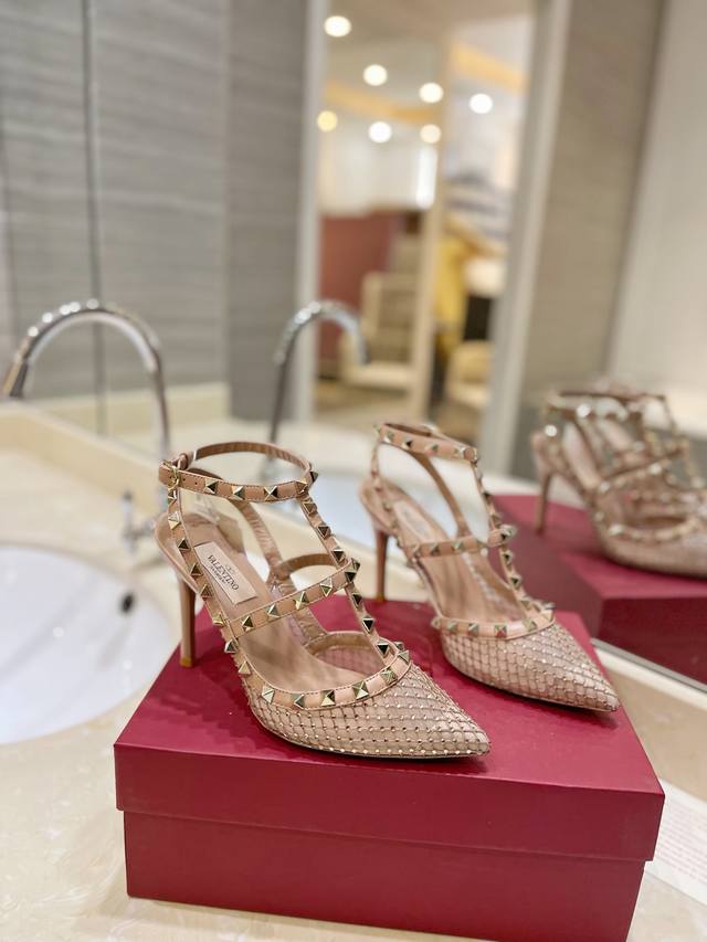 Valentino Crystal-Embellished Mesh Studded High-Heel Shoes In The Latest Color.