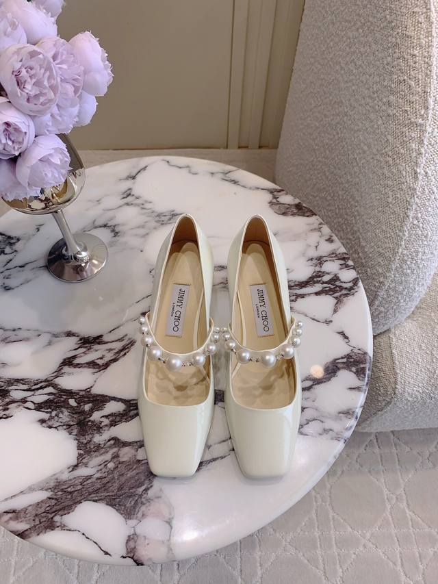 Factory Price Jimmy Cho* New Pearl Chunky Heel Single Shoes Elegant And Refined,