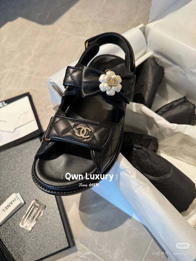 Premium Quality * Small Chanel-Style Bow Pearl Buckle Velcro Sandals Top-Tier Qu