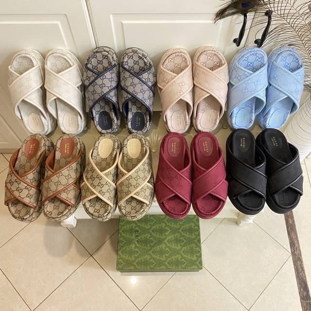 Factory Price, Gucci New Thick-Soled Cross-Strap Slippers, Brand Classic Canvas