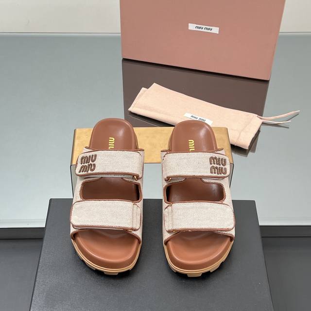 Factory Price Miumiu 2025 Summer New Arrival Casual Canvas Flat Velcro Slippers