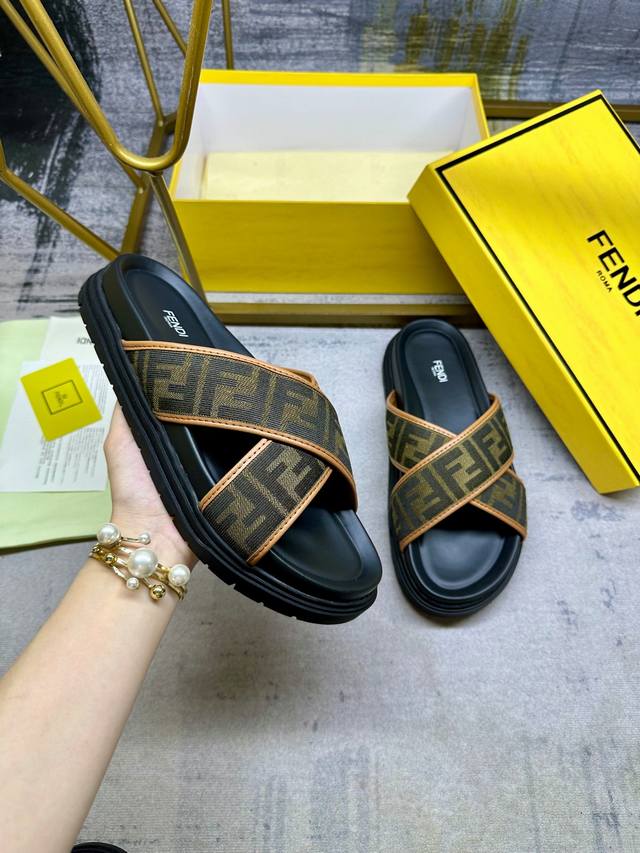 Fendi Cross-Strap Slippers, Brown Ff Jacquard Fabric, Brown Leather Decoration,