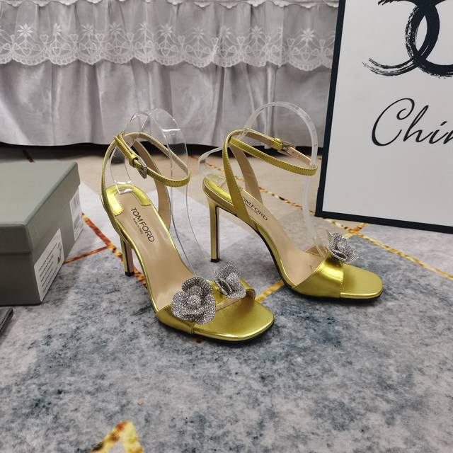 New-Tom Ford Top High Version 2025 New Rhinestone Flower Decorated High-Heeled S