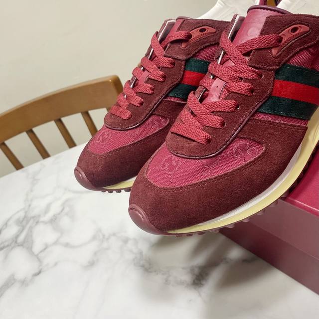Burgundy Gucci's Latest Re-Motion Series Of Sports Shoes, Contrasting Color Stit