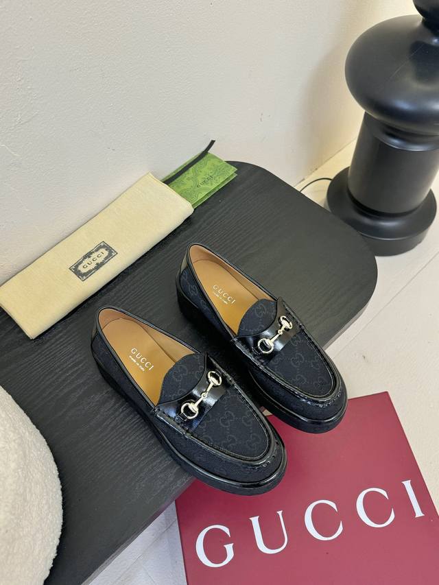 Gucci 2025Ss New G-Family Old Flower Thick-Soled Wedge-Heeled Horsebit Buckle Sl
