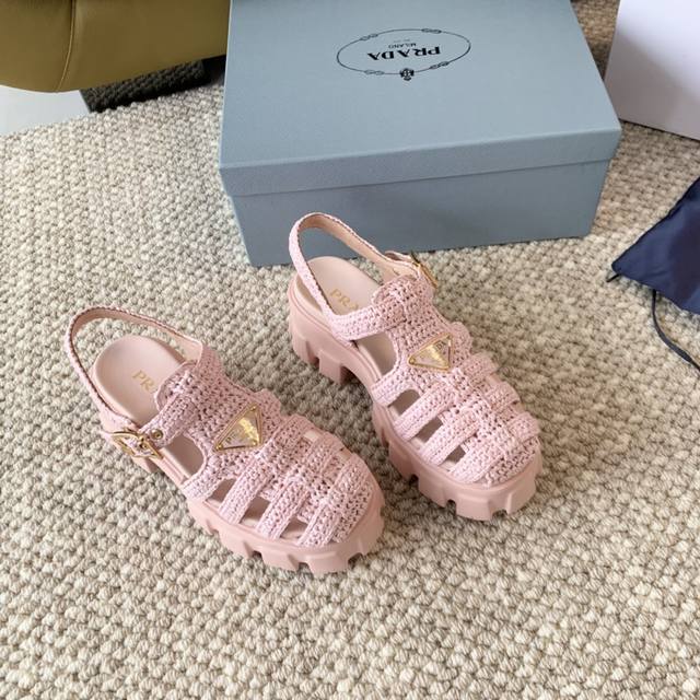 Prada P's 24Th New Model Monolith Raffia Coconut Straw Braided Roman Sandals Ori