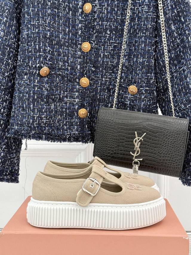 Factory Price Miu Miu 25S New Retro Thick-Soled T-Strap Canvas Shoes Miu Miu Is