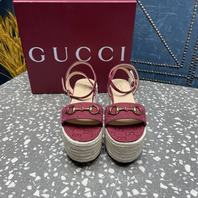 G Gucci Counter New Waterproof Platform Horsebit Buckle Hemp Rope Braided Wedge