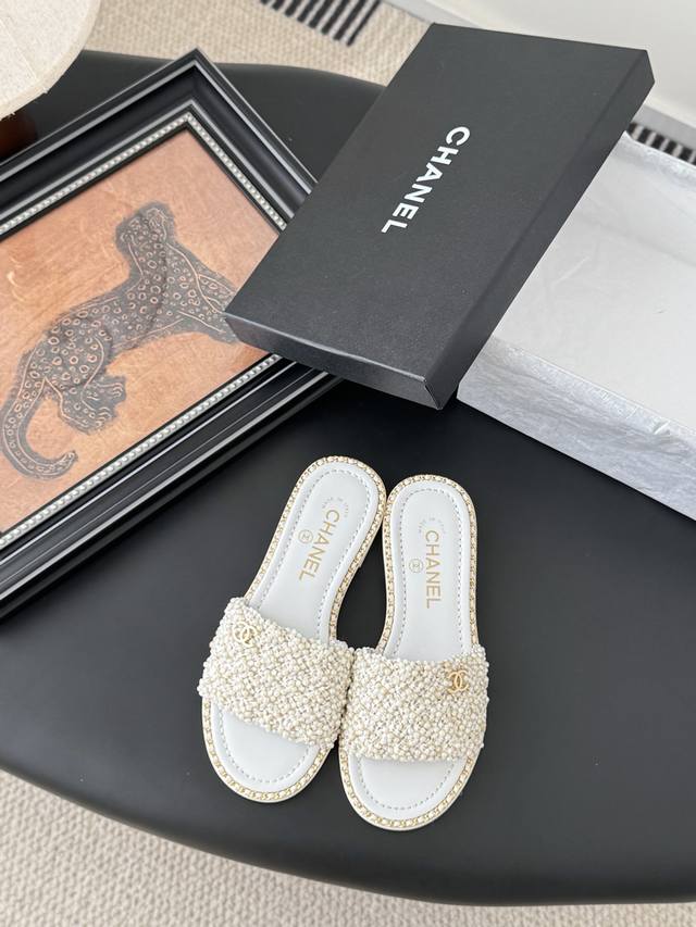 Chanel 25K Spring And Summer New Pearl Double C Slippers Upper Woven Pearls, Lin