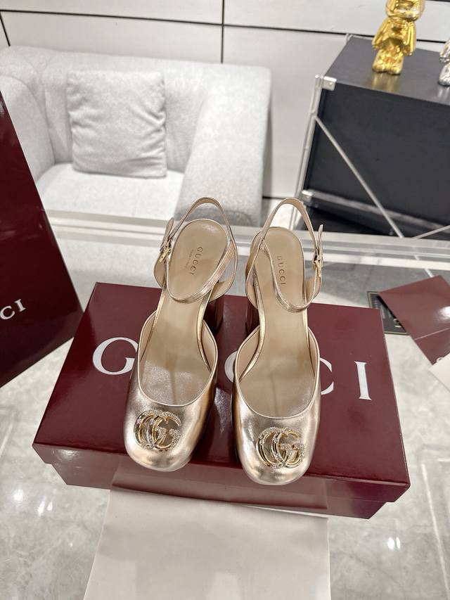 Gucci Double G Crystal Diamond Buckle Thick Heel Sandals High Heels Watercrystal