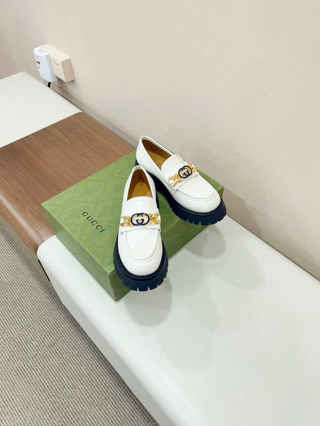 Certified Gucc*'s Latest Popular Fw Silver Buckle Thick-Soled Loafers Guccio Guc