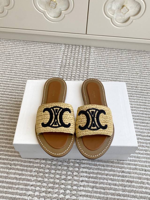 25 New Color Celine Lympia Arc De Triomphe Raffia Straw Flat Slippers Top Qualit