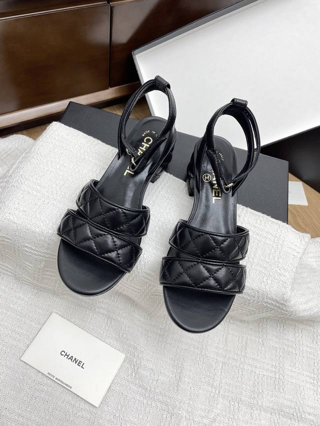 Slipper 340 Sandals Top Version Chanel25Ss New Thick Heel Double Strap Diamond S