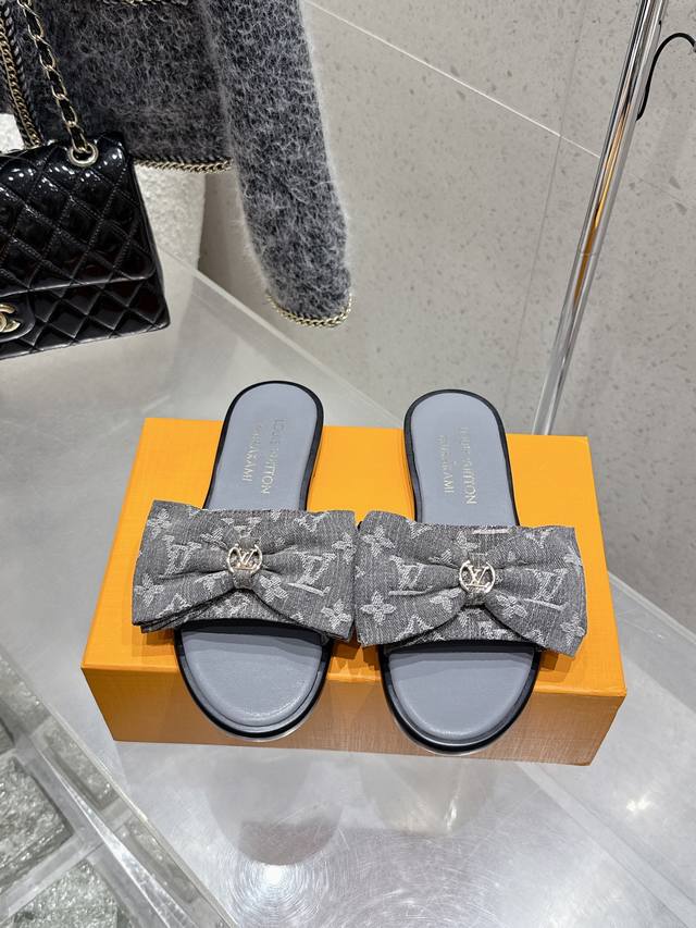 Top Version Louisvuitton 25 Spring And Summer New Bowknot Heel Low Heel Sandals