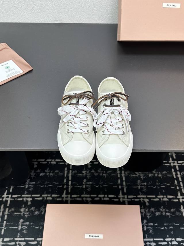 Miu Miu 25, Washed Denim, Canvas, Leather, Round Toe, Low-Top, Canvas Shoes , Th