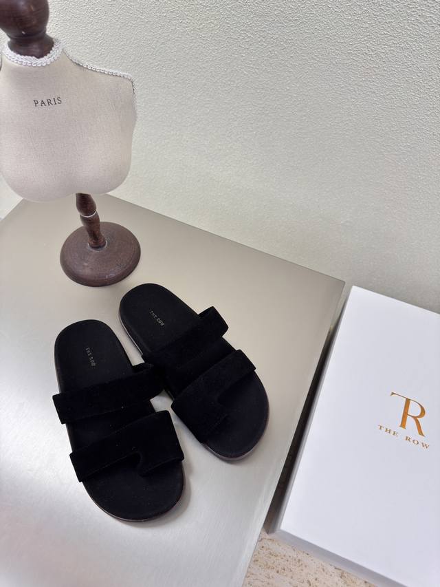 Black High-Gloss Cowhide Suede Slip-On Sandals, Exquisite Craftsmanship Minimali