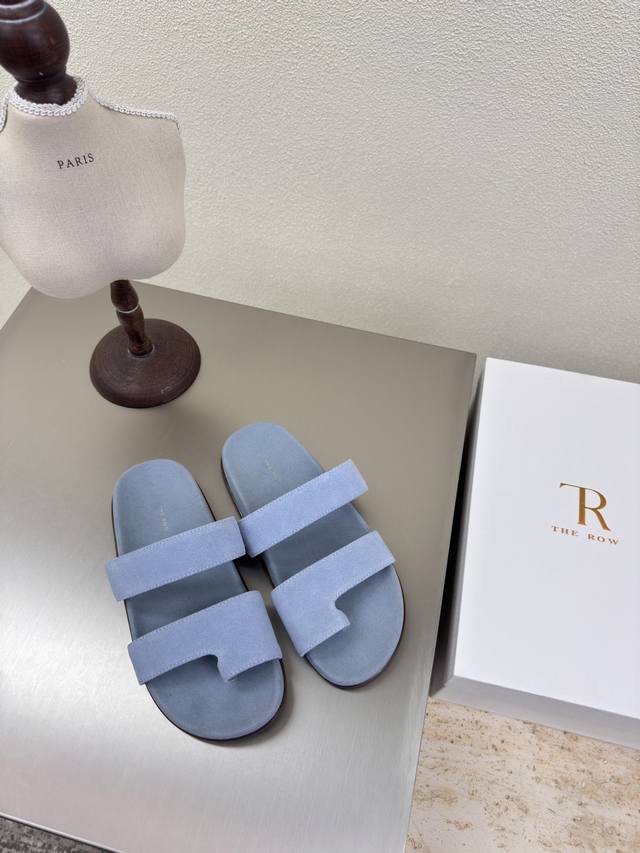 Blue High-Gloss Cowhide Suede Slip-On Sandals, Exquisite Craftsmanship Minimalis
