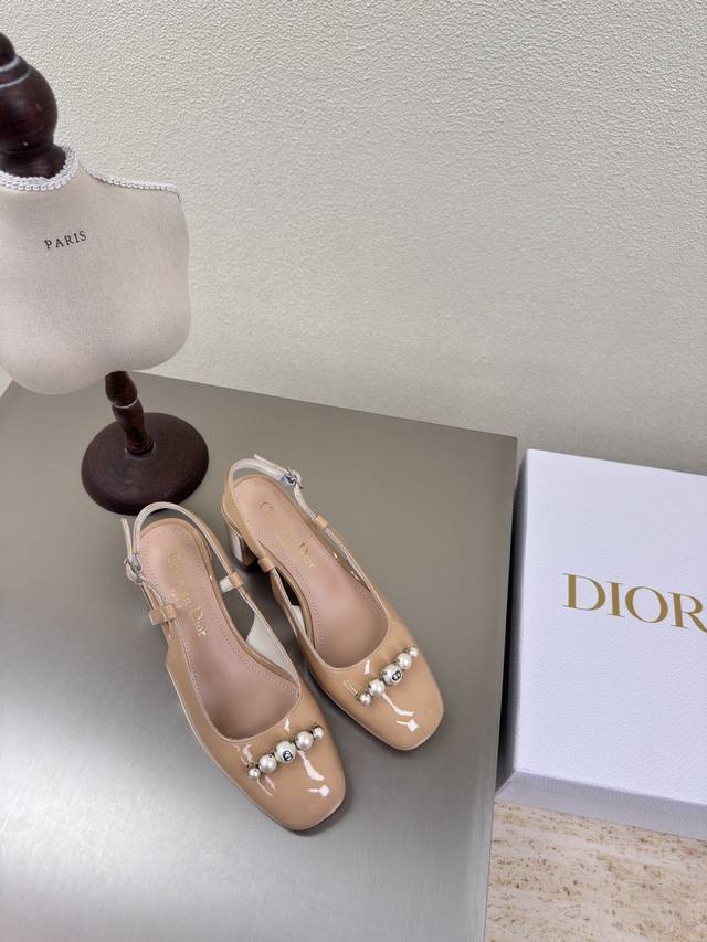 Mid-Heel, Open Back, Pearl Decoration, High-Quality Apricot Color, Logo With A L